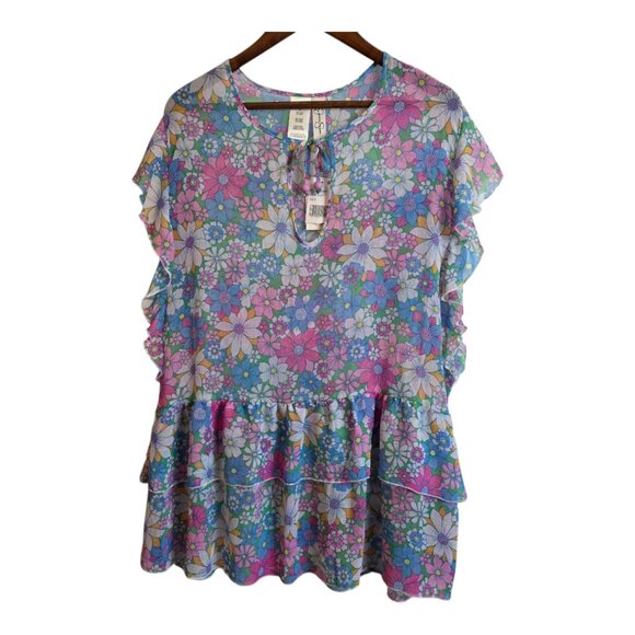 🔴 Jessica Simpson Crazy Daisy Tiered Flutter Sleeve Swim Cover Up Muliticolor S - Picture 4 of 14